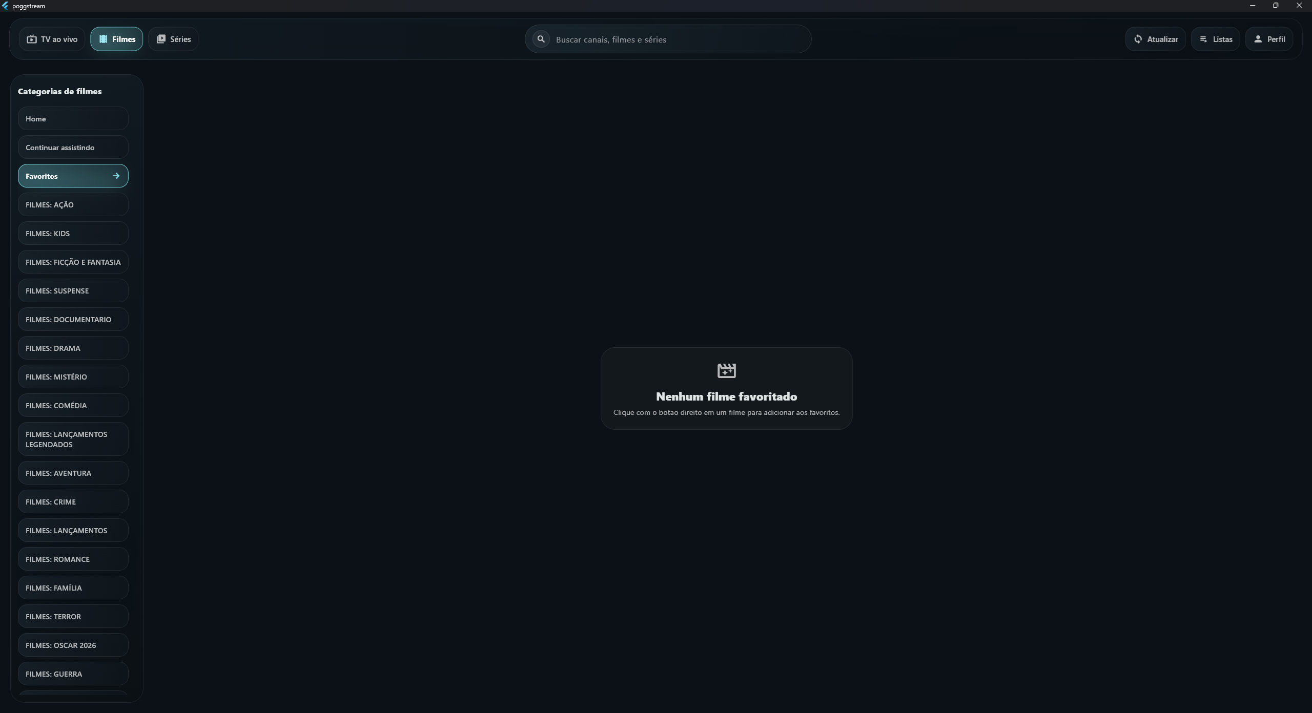 Tela do PoggStream na area de filmes