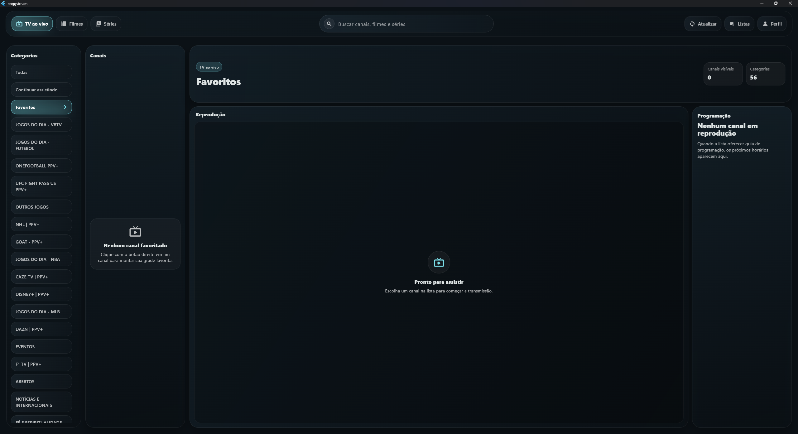 Tela do PoggStream com TV ao vivo